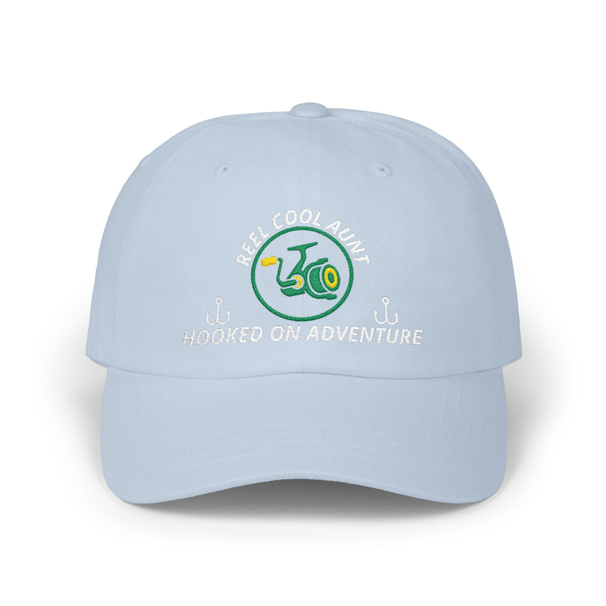REEL COOL AUNT embroidered dad cap - Light Blue - front view