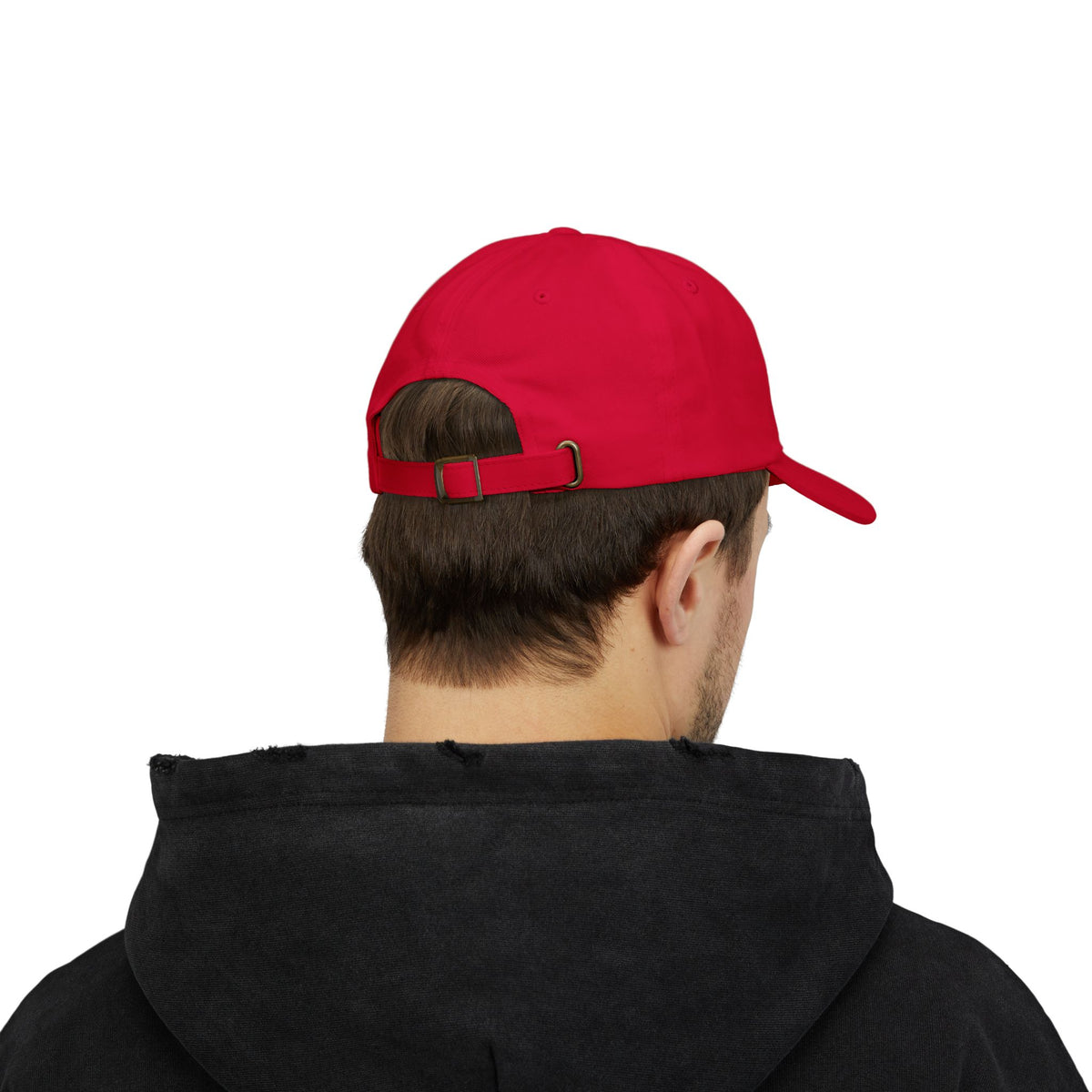REEL COOL BROTHER embroidered dad cap - Cranberry - model wearing hat - back side view