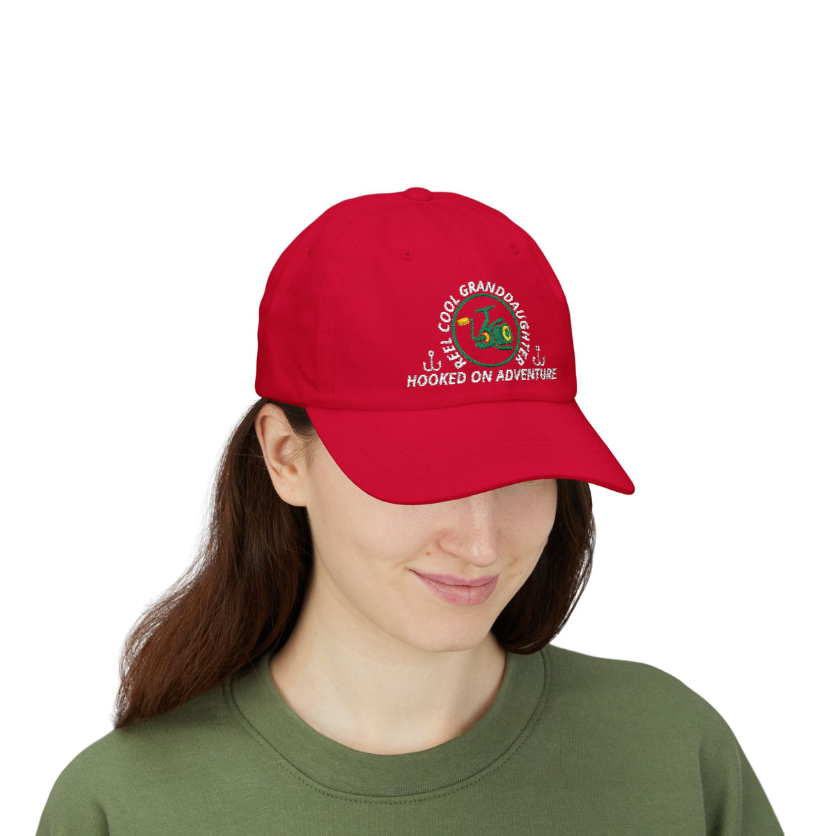 REEL COOL GRANDDAUGHTER embroidered dad cap - Cranberry - model wearing hat - front side view