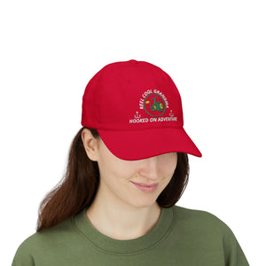 REEL COOL GRANDMA embroidered dad cap - Cranberry - model wearing hat - front side view