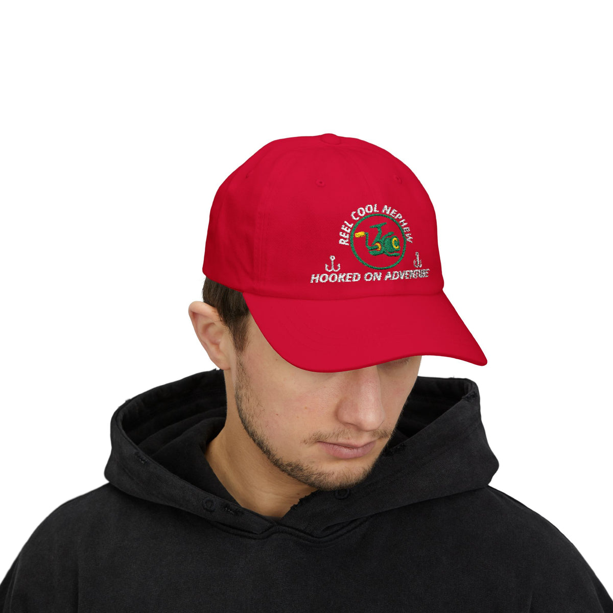REEL COOL NEPHEW embroidered dad cap - Cranberry - model wearing hat - front side view