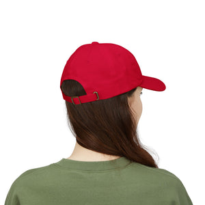 REEL COOL NIECE embroidered dad cap - Cranberry - model wearing hat - back side view