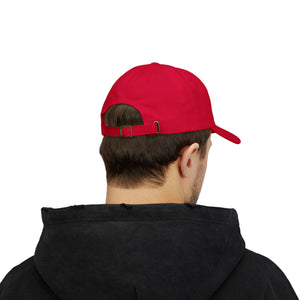 REEL COOL SON embroidered dad cap - Cranberry - model wearing hat - back side view