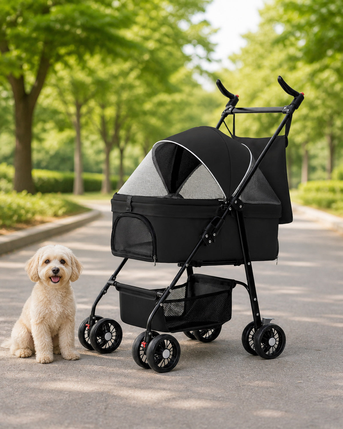 Black four-wheel pet stroller beside a small cream-colored dog on a tree-lined park path.