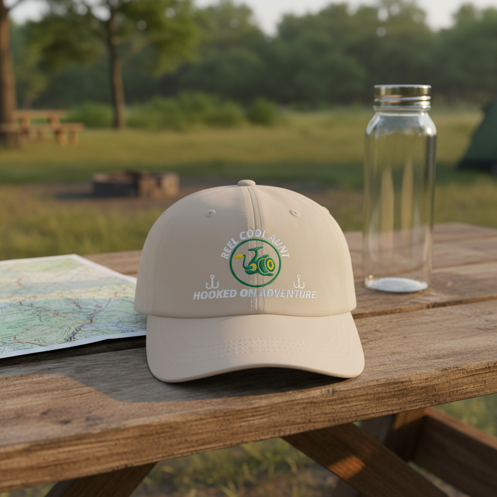 REEL COOL AUNT stone dad cap on a rustic campsite bench at golden hour.