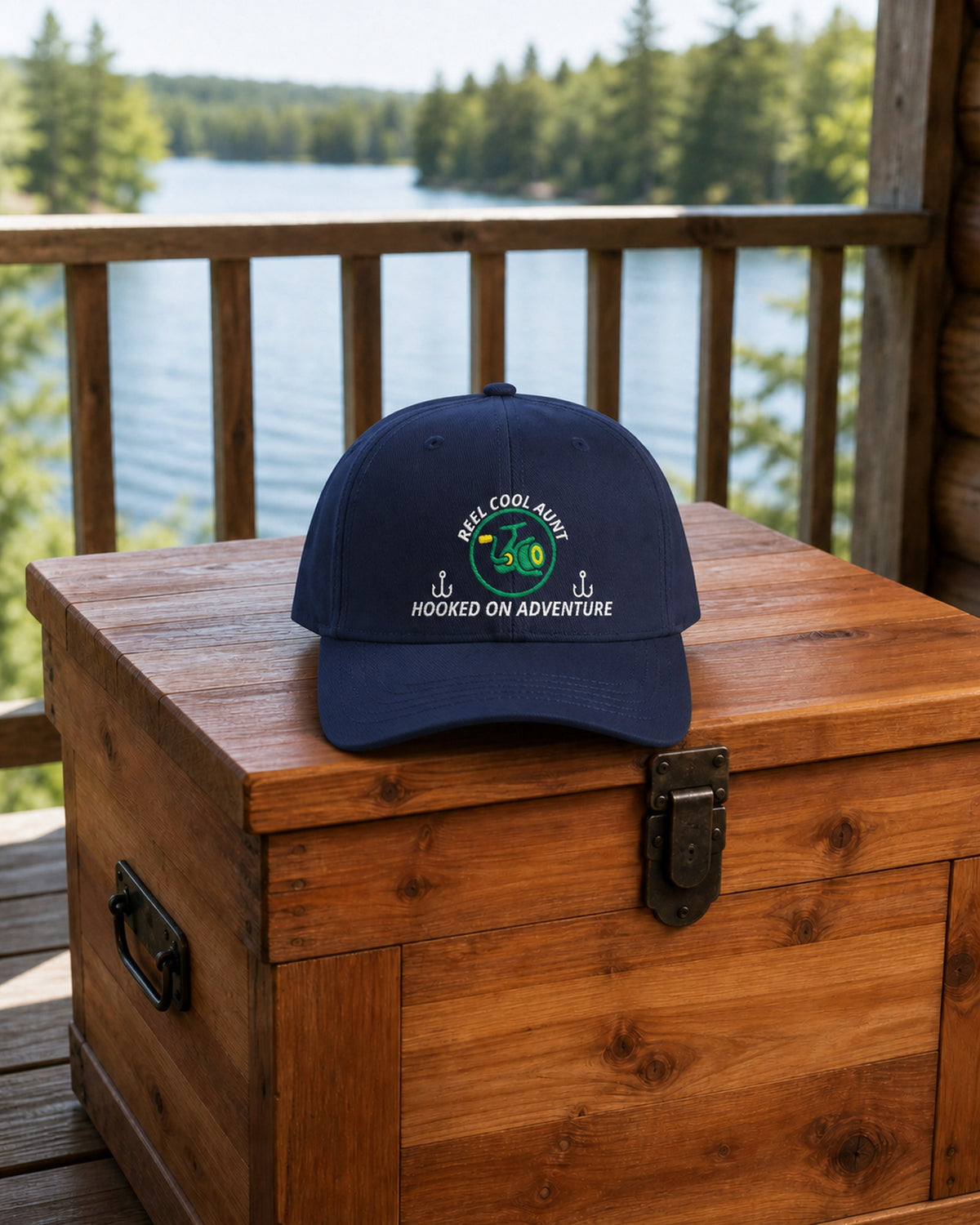 Navy REEL COOL AUNT embroidered dad cap on a cedar gear chest overlooking a pine-lined forest lake.