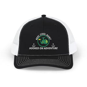 Reel Cool Aunt embroidered trucker cap, front view, black front with white mesh back