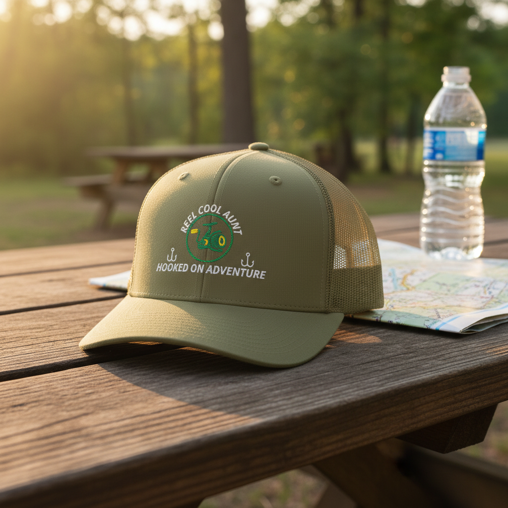 REEL COOL AUNT trucker cap with loden front and loden mesh back on a rustic campsite bench at golden hour.
