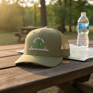REEL COOL AUNT trucker cap with loden front and loden mesh back on a rustic campsite bench at golden hour.