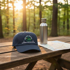 REEL COOL BROTHER navy dad cap on a rustic campsite bench at golden hour.