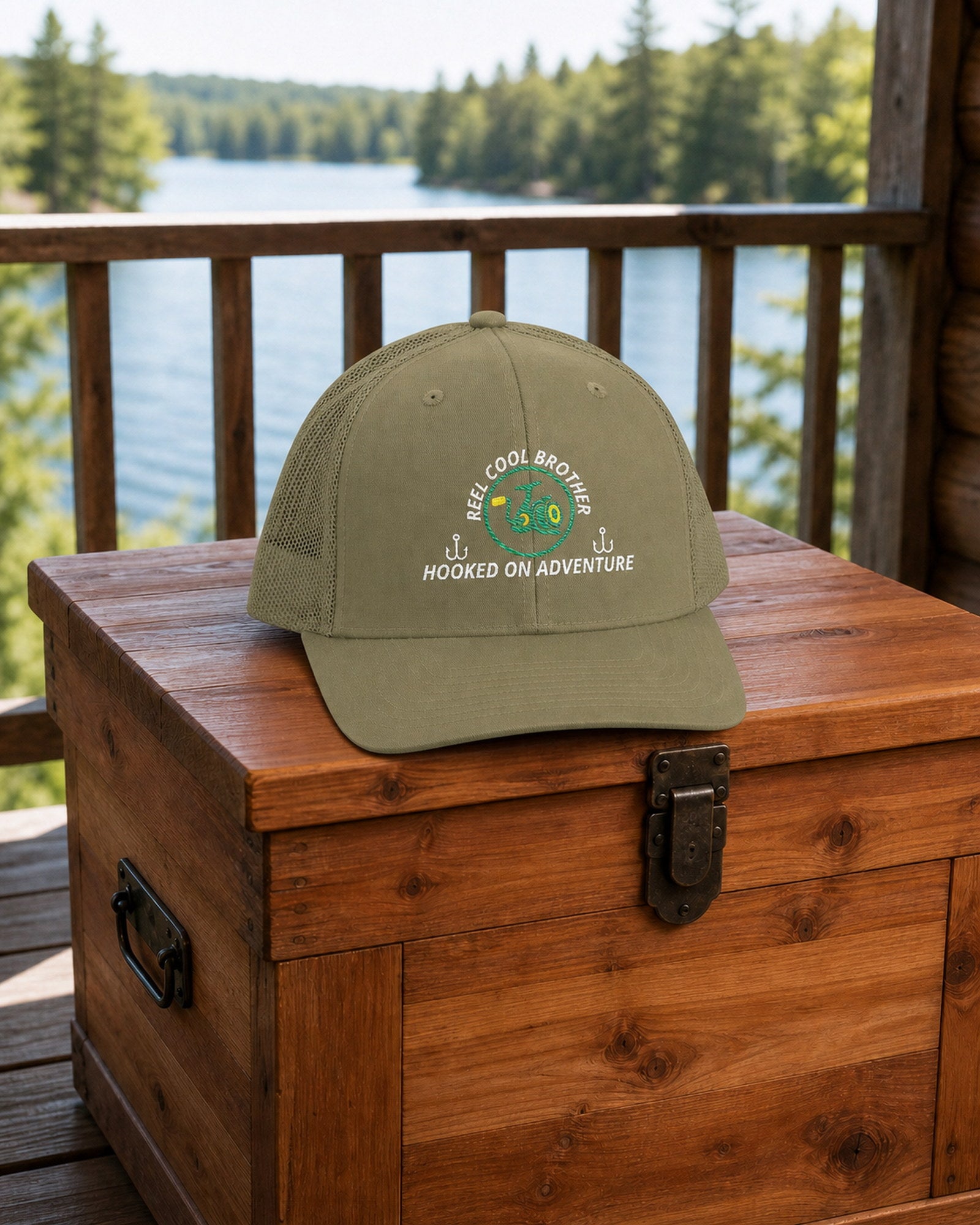 Loden REEL COOL BROTHER embroidered trucker cap on a cedar gear chest overlooking a pine-lined forest lake.