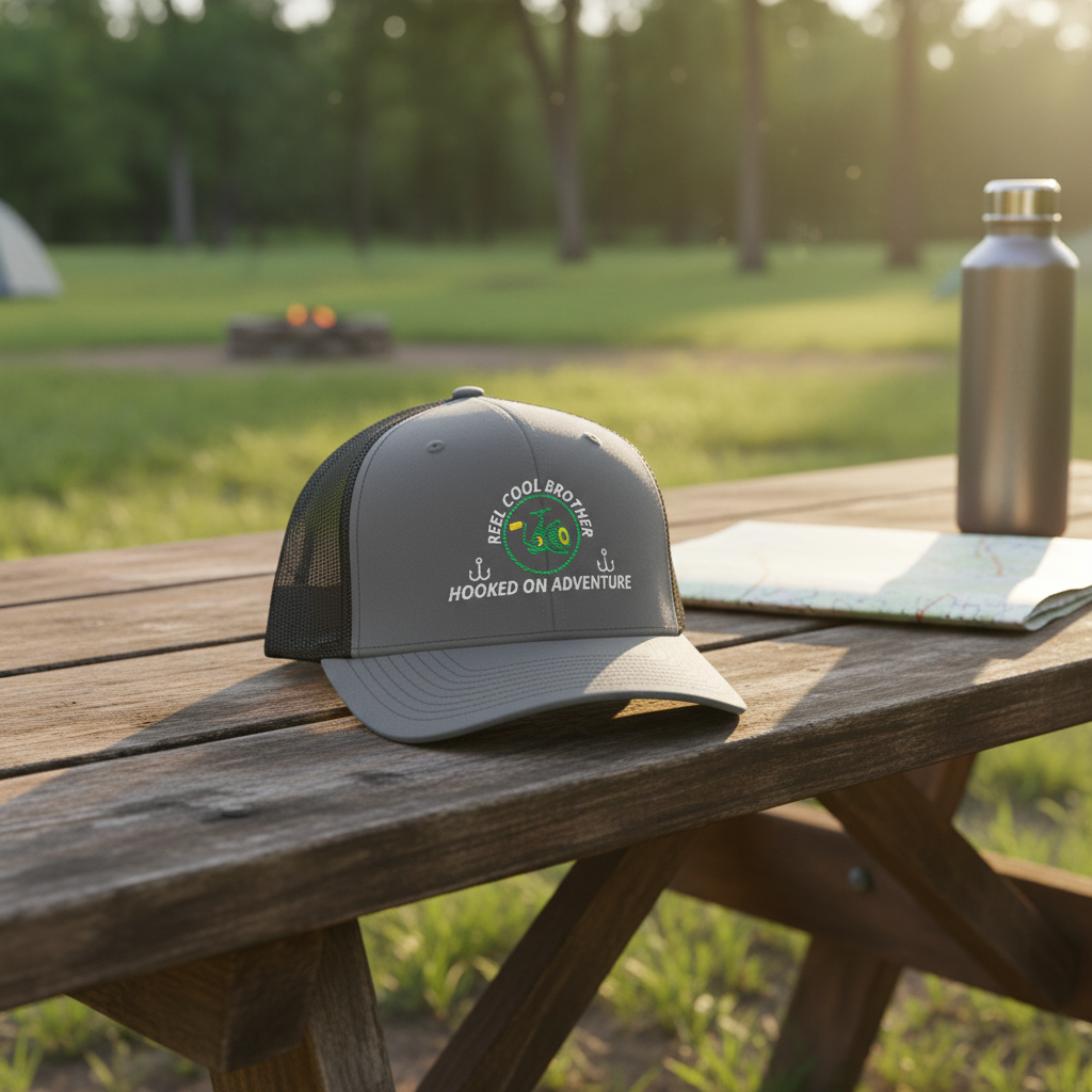 REEL COOL BROTHER trucker cap with charcoal front and black mesh back on a rustic campsite bench at golden hour.
