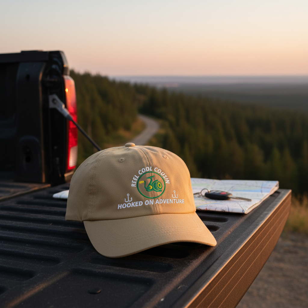 REEL COOL COUSIN khaki dad cap displayed on a scenic outdoor tailgate.
