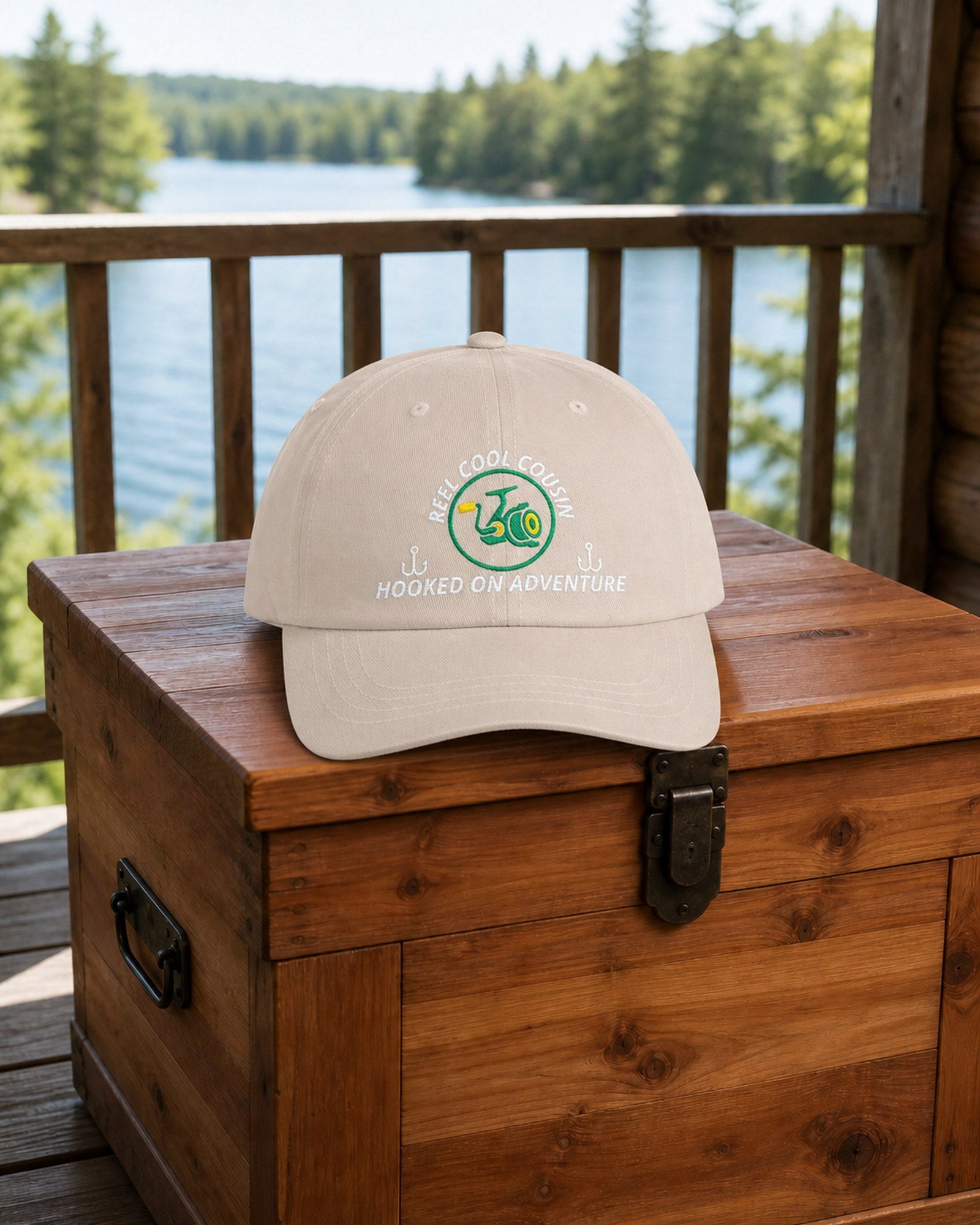 Stone REEL COOL COUSIN embroidered dad cap on a cedar gear chest overlooking a pine-lined forest lake.