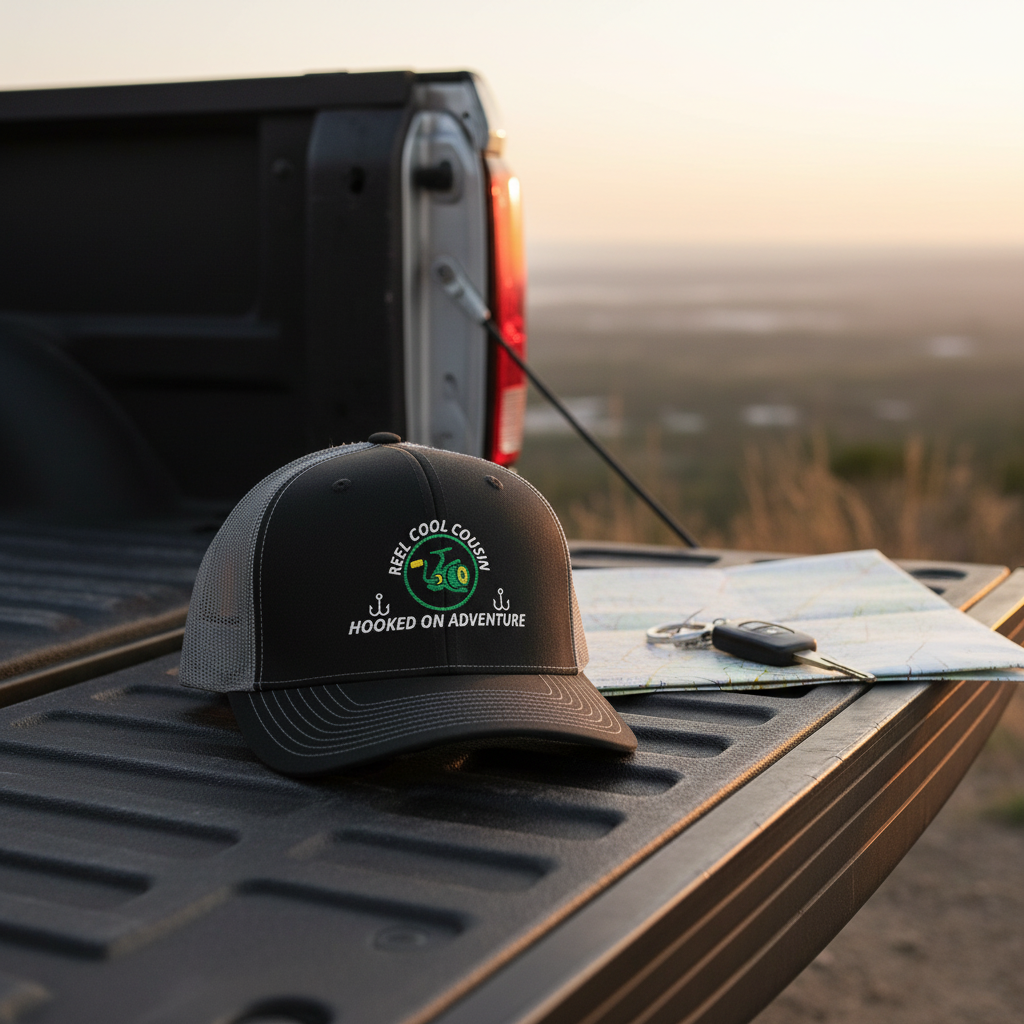 REEL COOL COUSIN trucker cap with black front and charcoal mesh back displayed on a scenic outdoor tailgate.