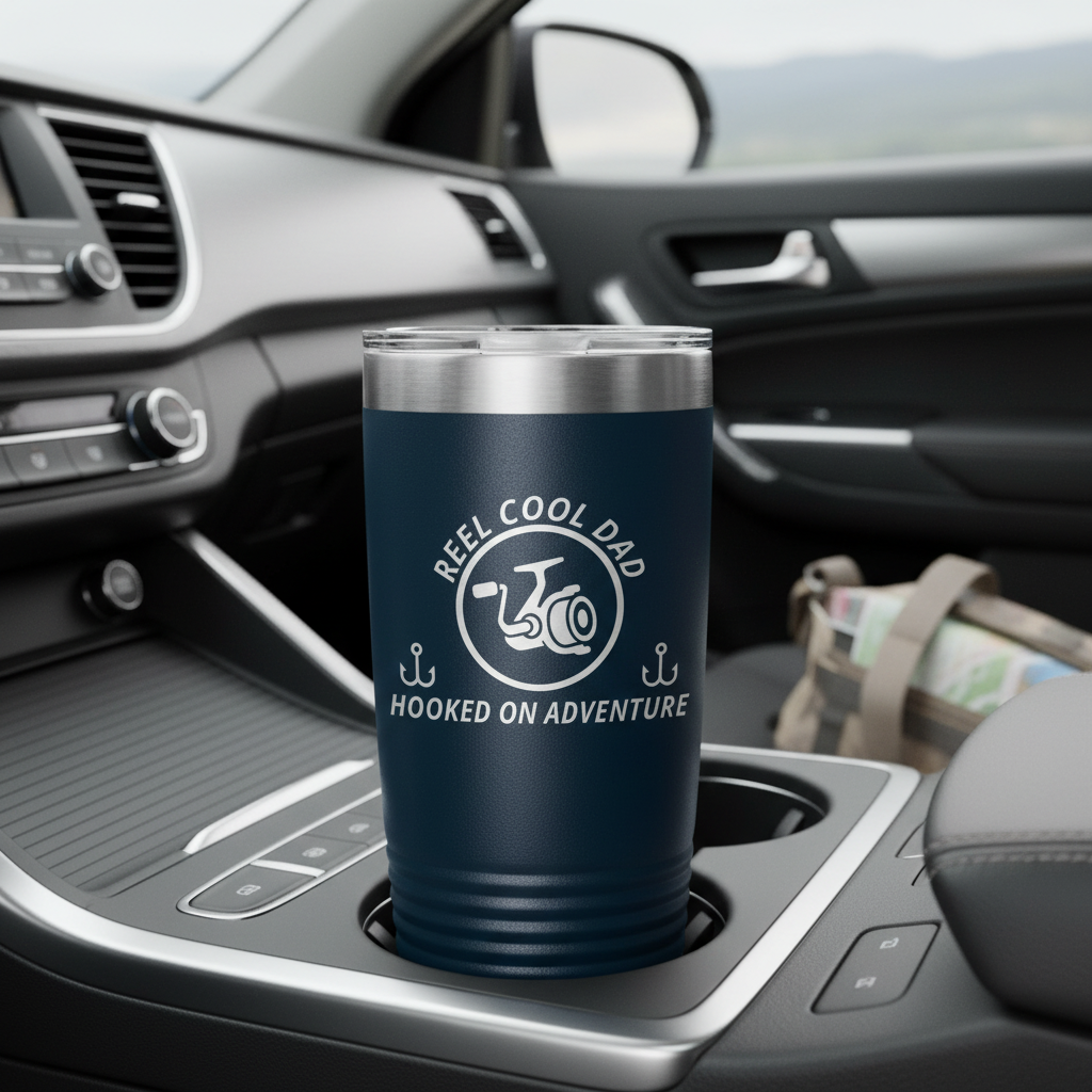 REEL COOL DAD navy 20oz tumbler in a clean vehicle cupholder at a scenic overlook.