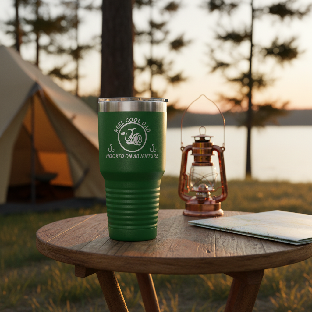 REEL COOL DAD green 30oz tumbler on a warm campsite side table at sunset.