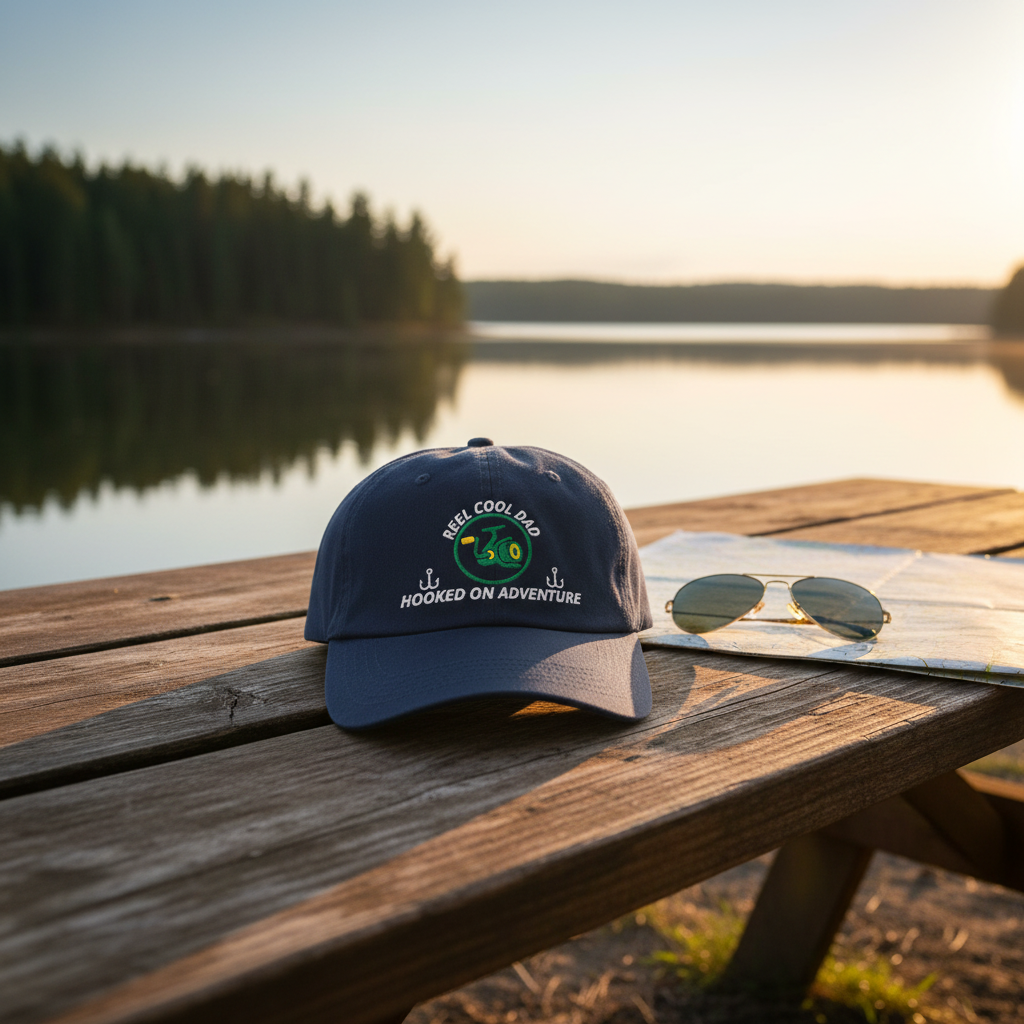 REEL COOL DAD navy dad cap on a wooden table in a warm lakeside setting.