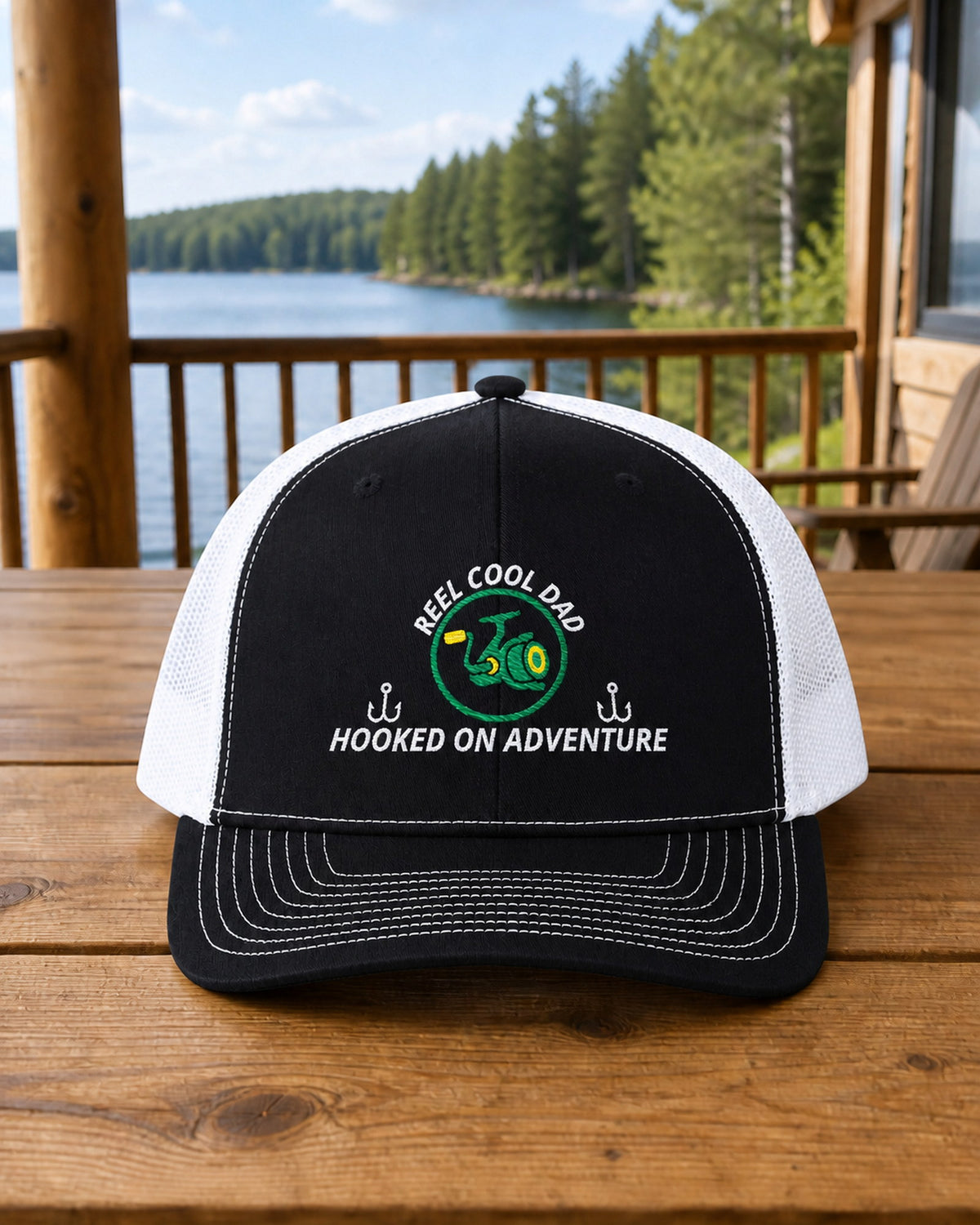 Black and White REEL COOL DAD embroidered trucker cap on a full-size cabin porch table overlooking a pine-lined forest lake.