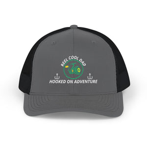 Reel Cool Dad embroidered trucker cap, front view, black front with charcoal mesh back