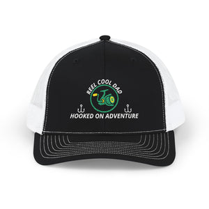 Reel Cool Dad embroidered trucker cap, front view, black front with white mesh back
