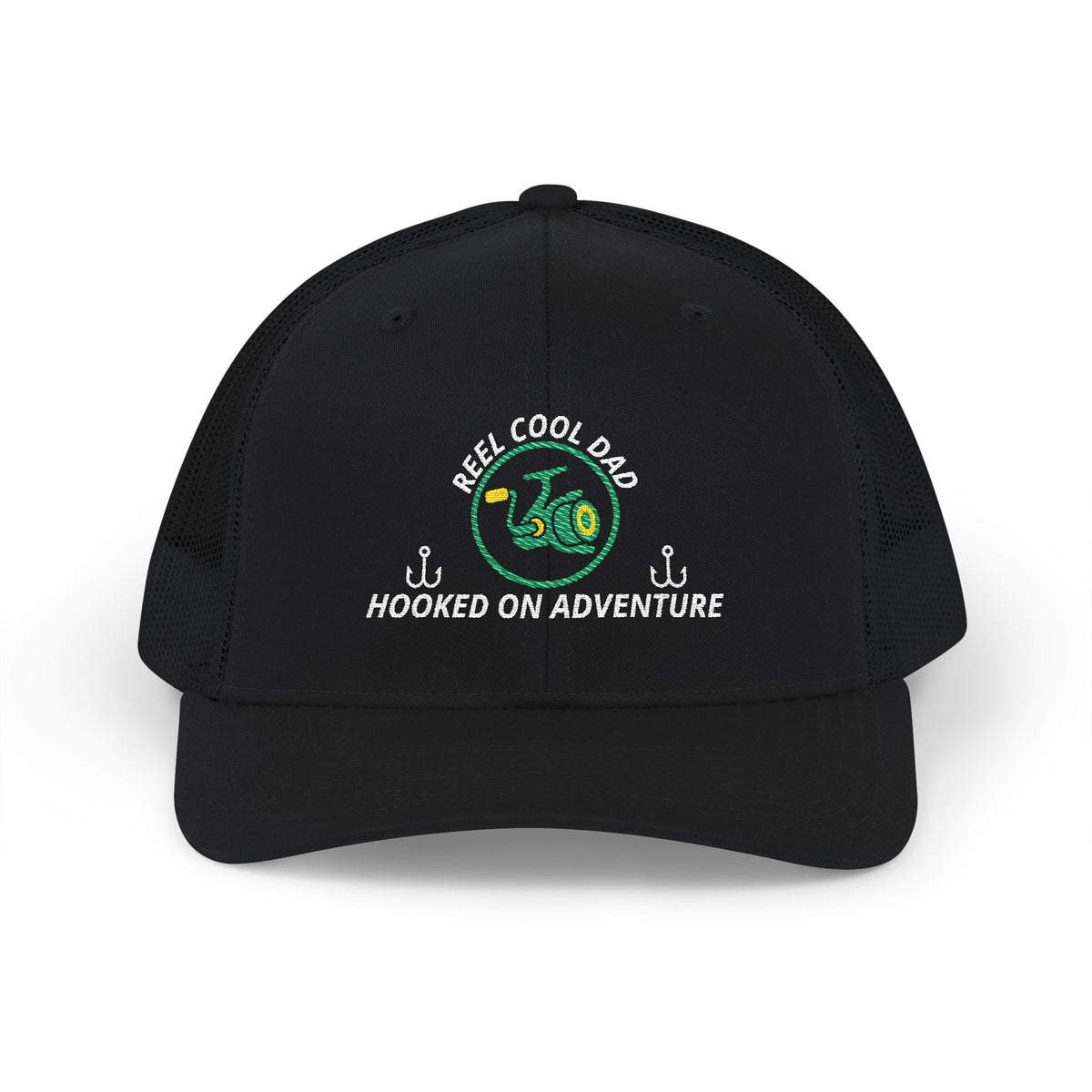 Reel Cool Dad embroidered trucker cap, front view, black