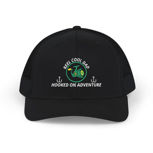 Reel Cool Dad embroidered trucker cap, front view, black