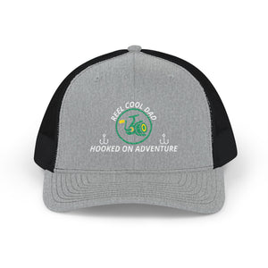 Reel Cool Dad embroidered trucker cap, front view, heather grey front with black mesh back