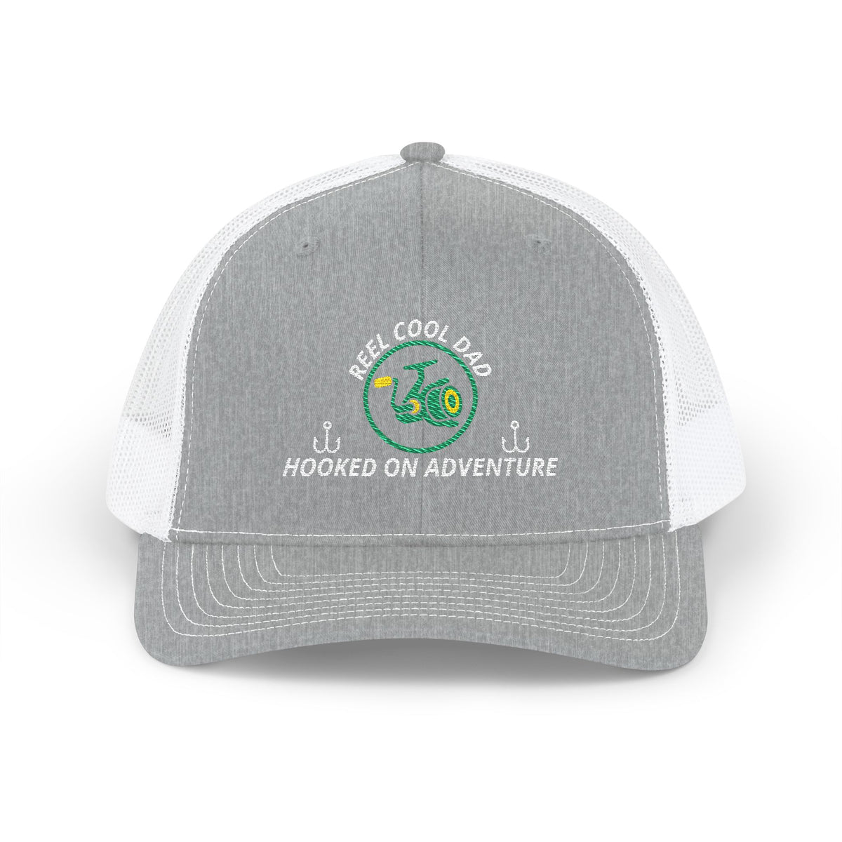 Reel Cool Dad embroidered trucker cap, front view, heather grey front with white mesh back