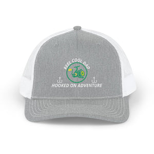 Reel Cool Dad embroidered trucker cap, front view, heather grey front with white mesh back