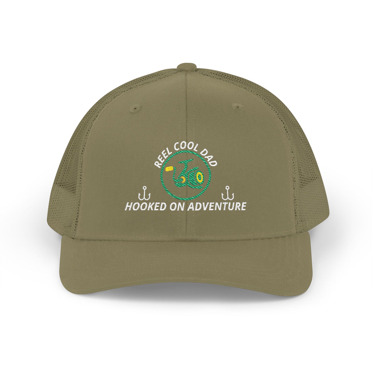 Reel Cool Dad embroidered trucker cap, front view, loden