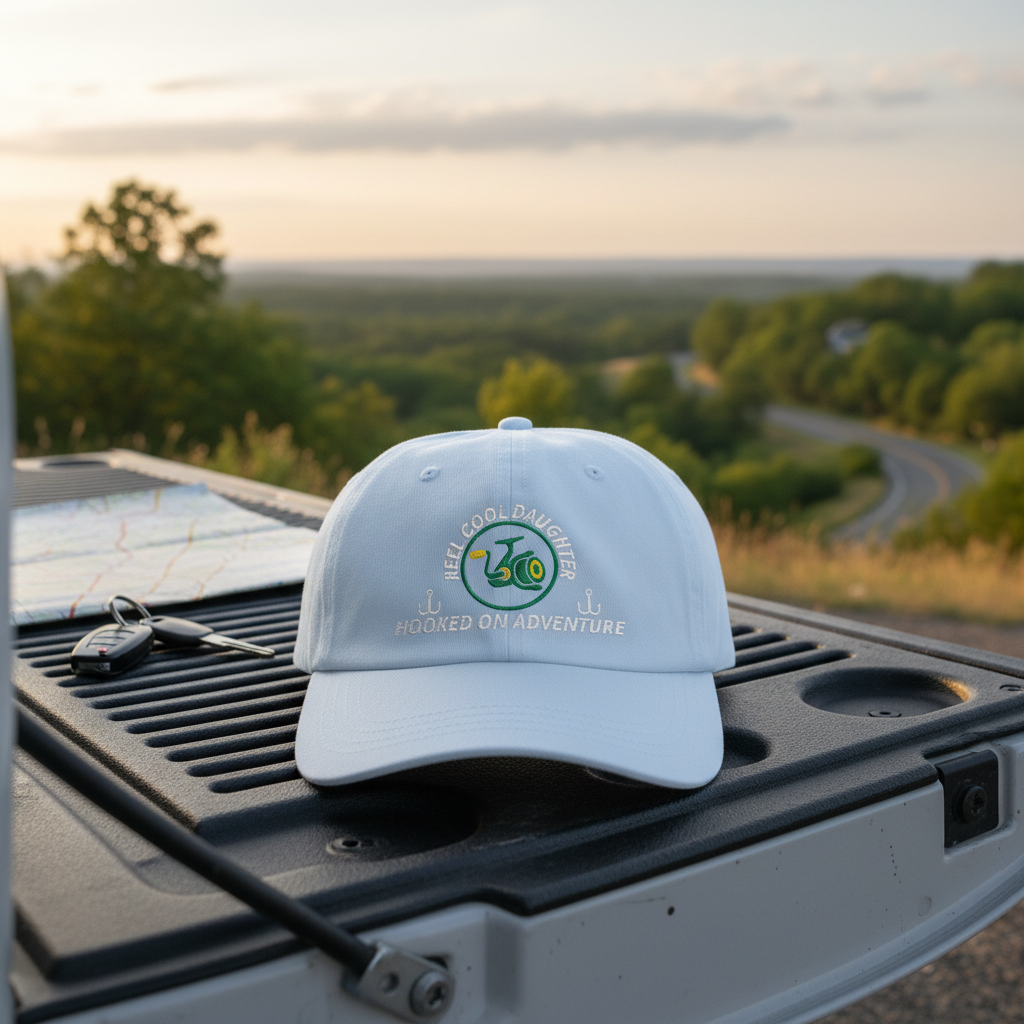 REEL COOL DAUGHTER light blue dad cap displayed on a scenic outdoor tailgate.