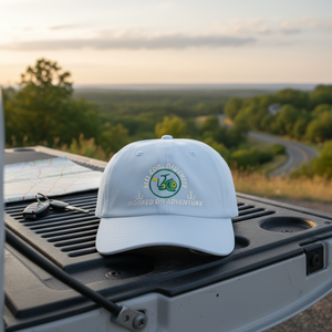 REEL COOL DAUGHTER light blue dad cap displayed on a scenic outdoor tailgate.
