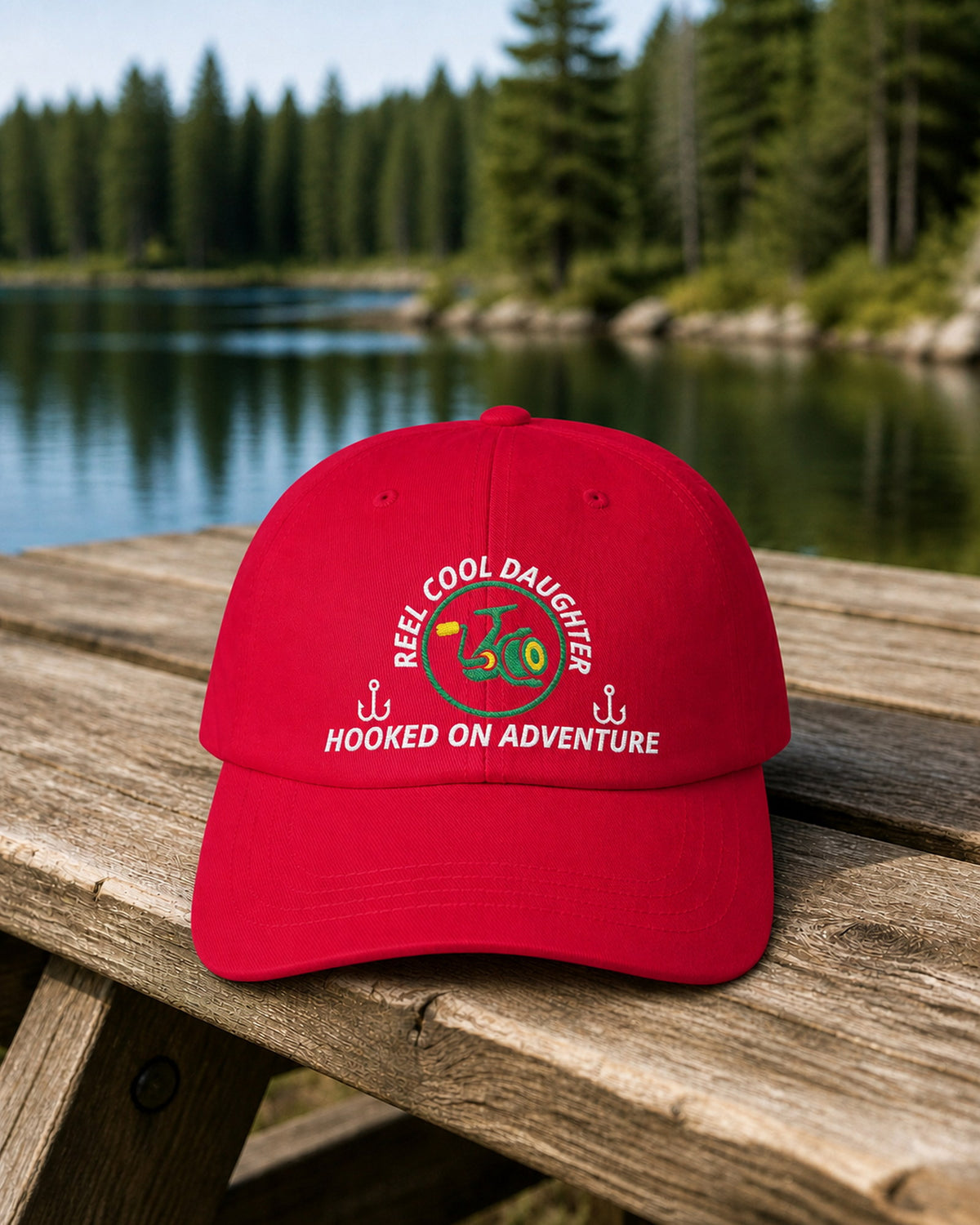 Cranberry REEL COOL DAUGHTER embroidered dad cap on a weathered wooden picnic table beside a pine-lined forest lake.