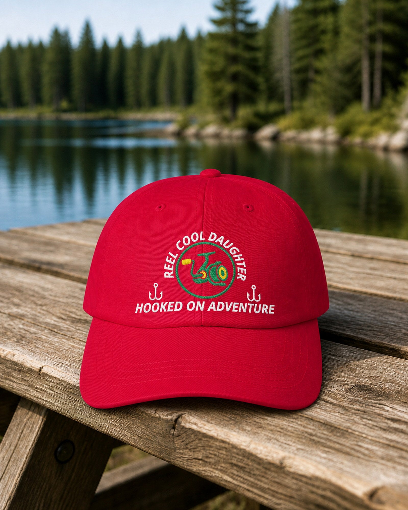 Cranberry REEL COOL DAUGHTER embroidered dad cap on a weathered wooden picnic table beside a pine-lined forest lake.