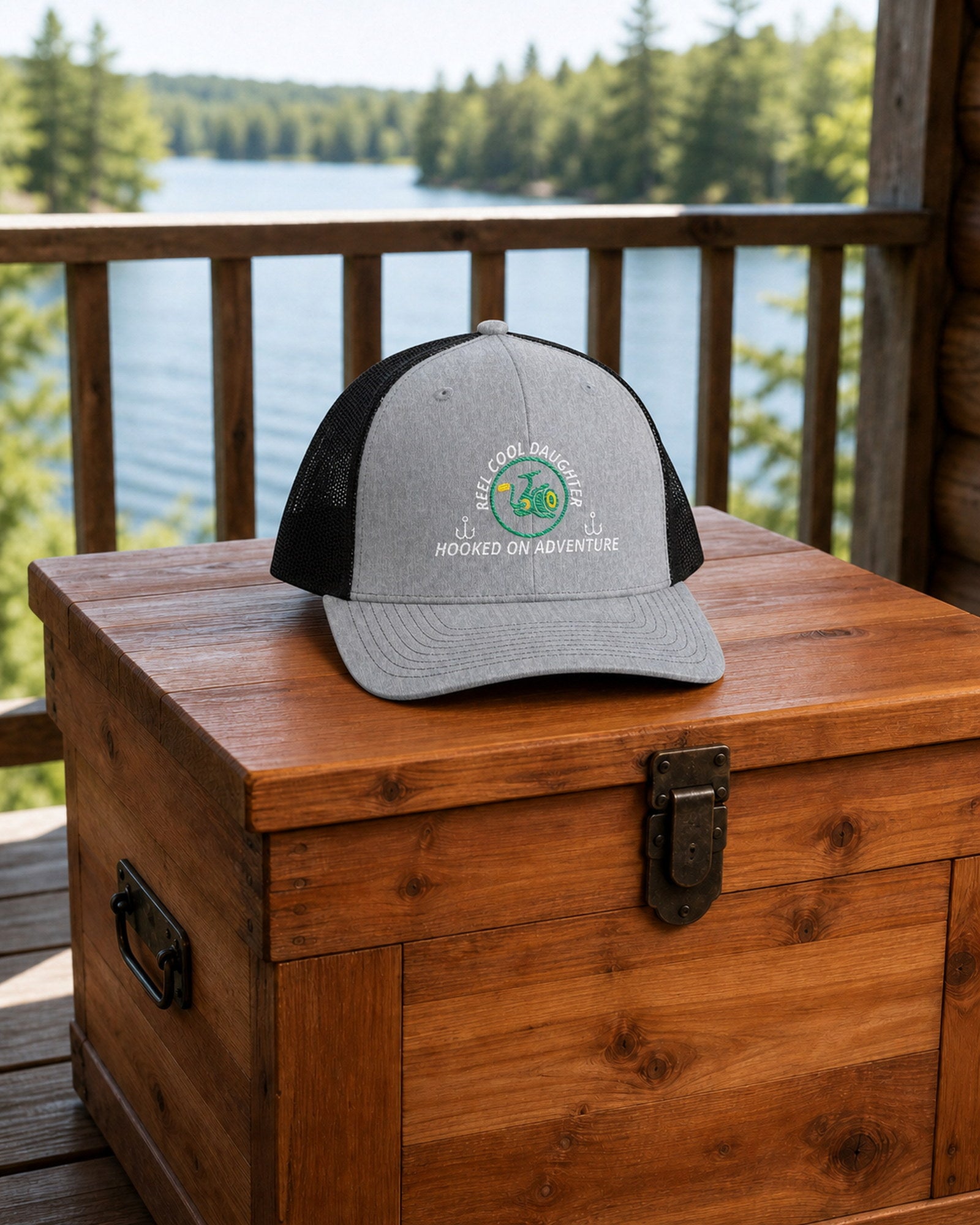 Heather Grey and Black REEL COOL DAUGHTER embroidered trucker cap on a cedar gear chest overlooking a pine-lined forest lake.