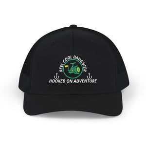 Reel Cool Daughter embroidered trucker cap, front view, black