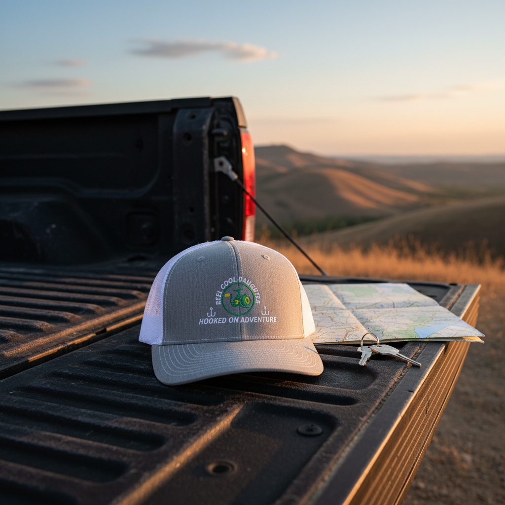 REEL COOL DAUGHTER trucker cap with heather gray front and white mesh back displayed on a scenic outdoor tailgate.