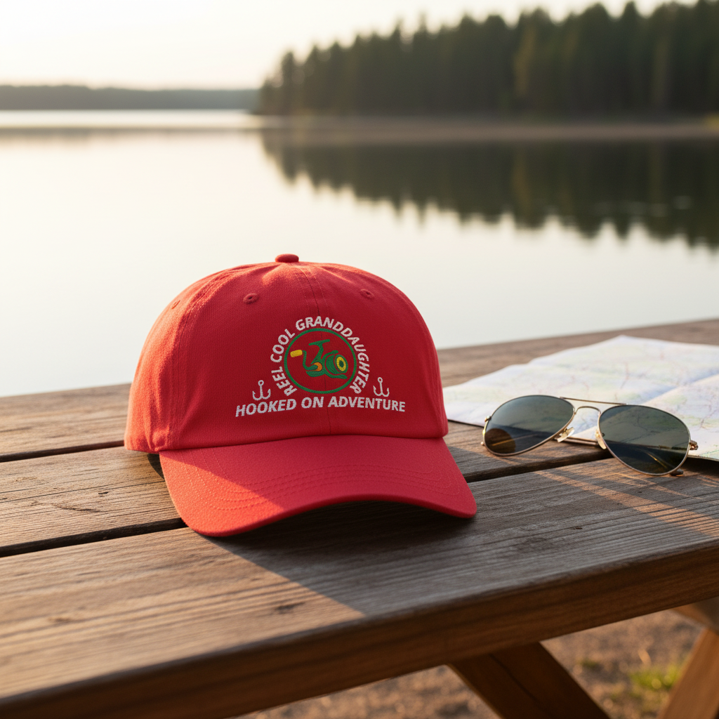 REEL COOL GRANDDAUGHTER cranberry dad cap on a wooden table in a warm lakeside setting.