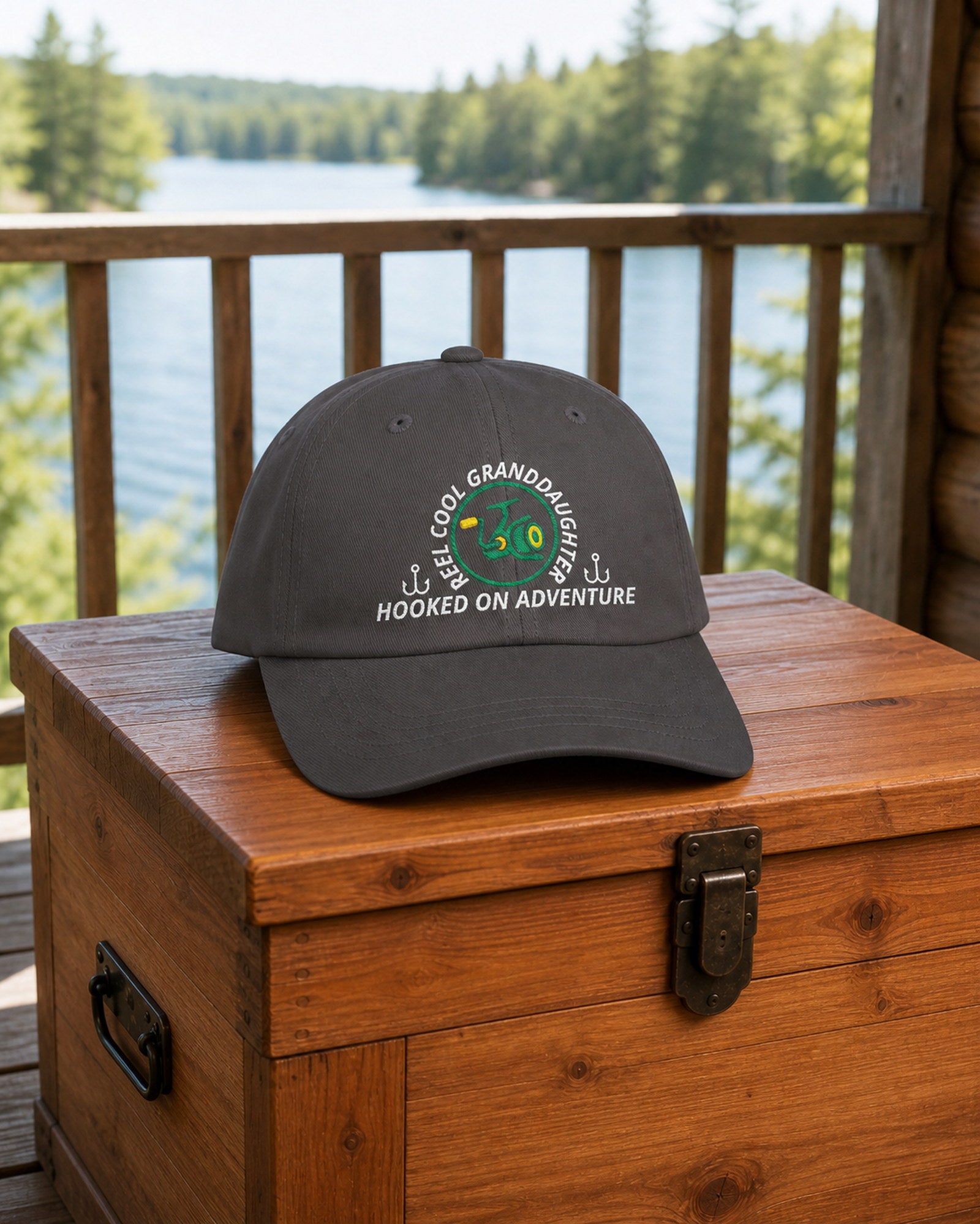 Dark Grey REEL COOL GRANDDAUGHTER embroidered dad cap on a cedar gear chest overlooking a pine-lined forest lake.