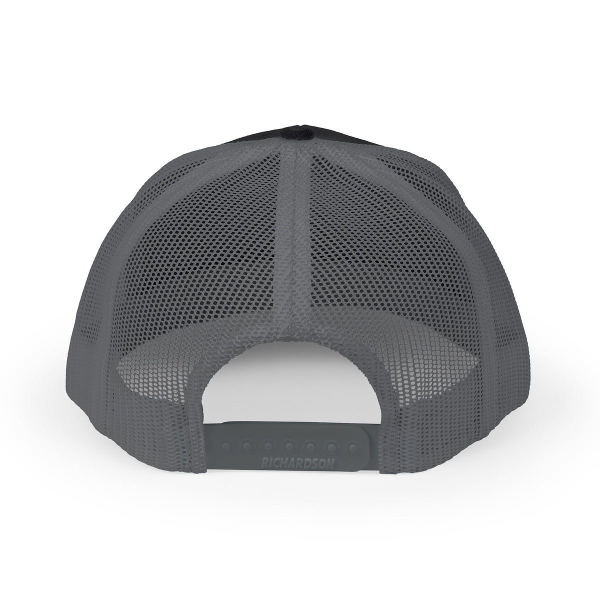 Reel Cool Granddaughter embroidered trucker cap, back view showing snapback closure, black with charcoal mesh back