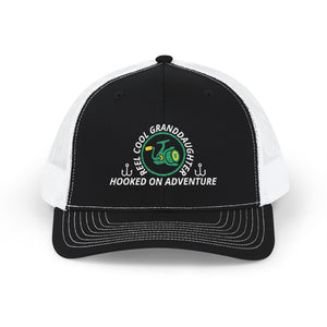 Reel Cool Granddaughter embroidered trucker cap, front view, black front with white mesh back