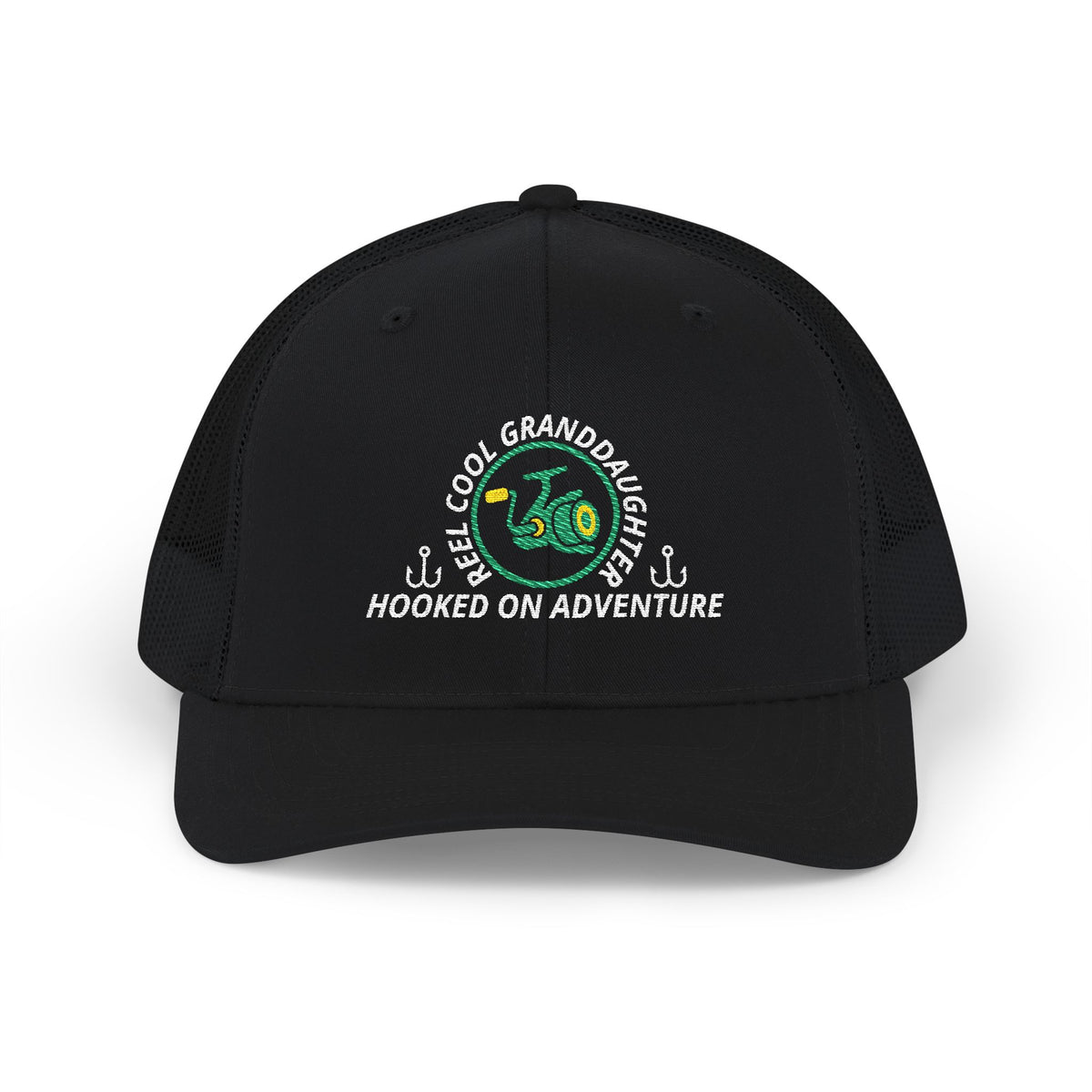 Reel Cool Granddaughter embroidered trucker cap, front view, black