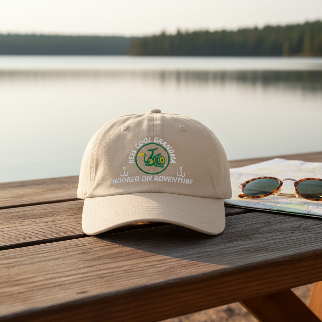 REEL COOL GRANDMA stone dad cap on a wooden table in a warm lakeside setting.