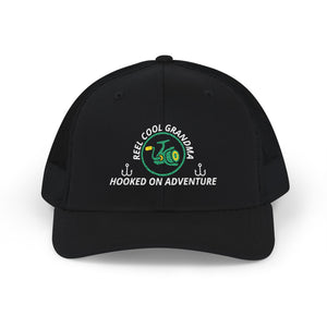 Reel Cool Grandma embroidered trucker cap, front view, black