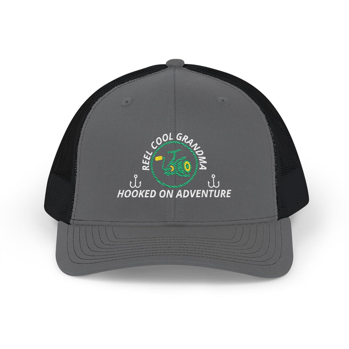 Reel Cool Grandma embroidered trucker cap, front view, charcoal front with black mesh back