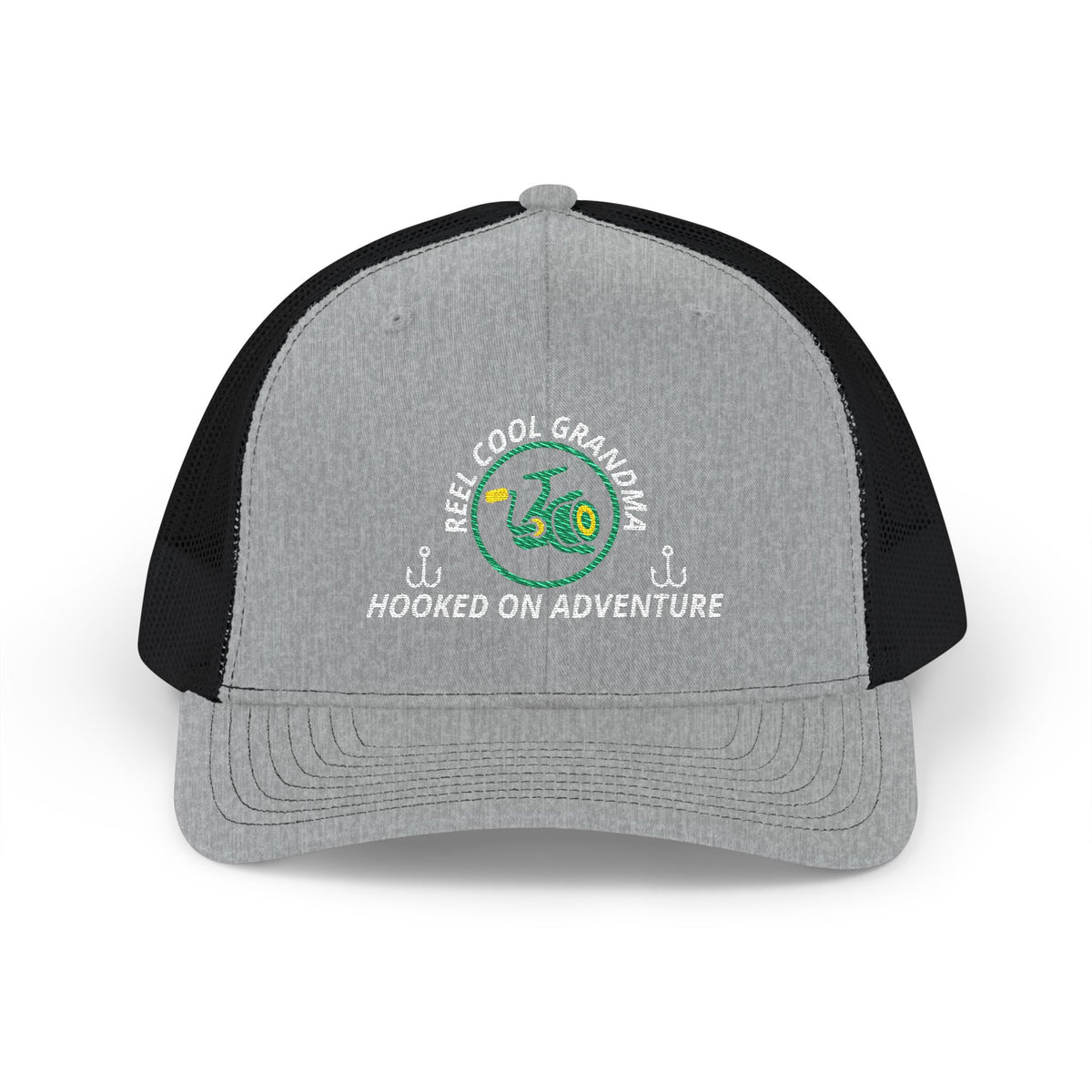 Reel Cool Grandma embroidered trucker cap, front view, heather grey front with black mesh back