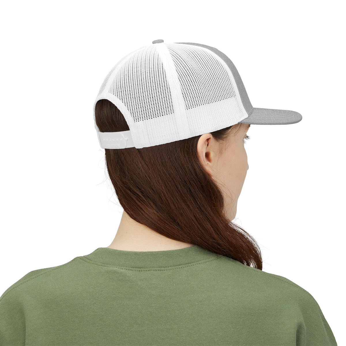 Reel Cool Grandma embroidered trucker cap on model, back side view, heather grey front with white mesh back