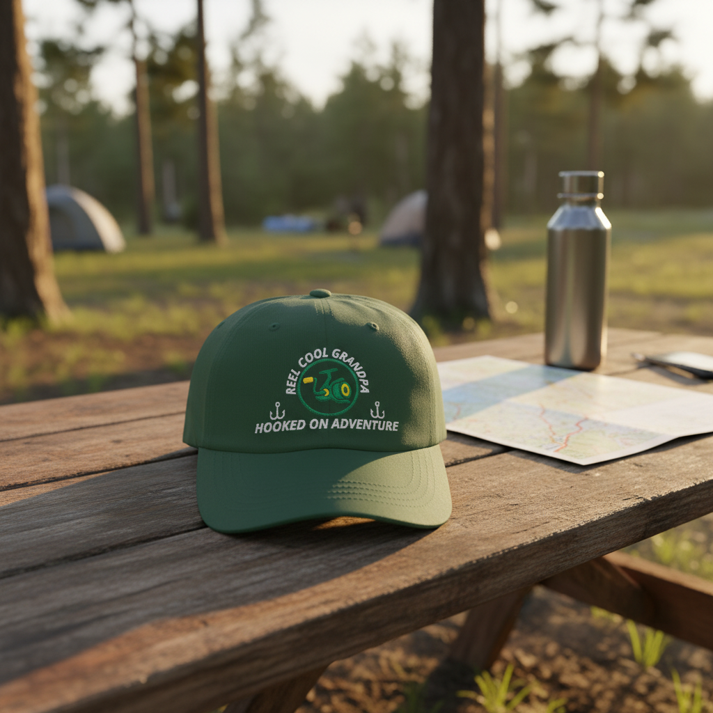 REEL COOL GRANDPA spruce dad cap on a rustic campsite bench at golden hour.