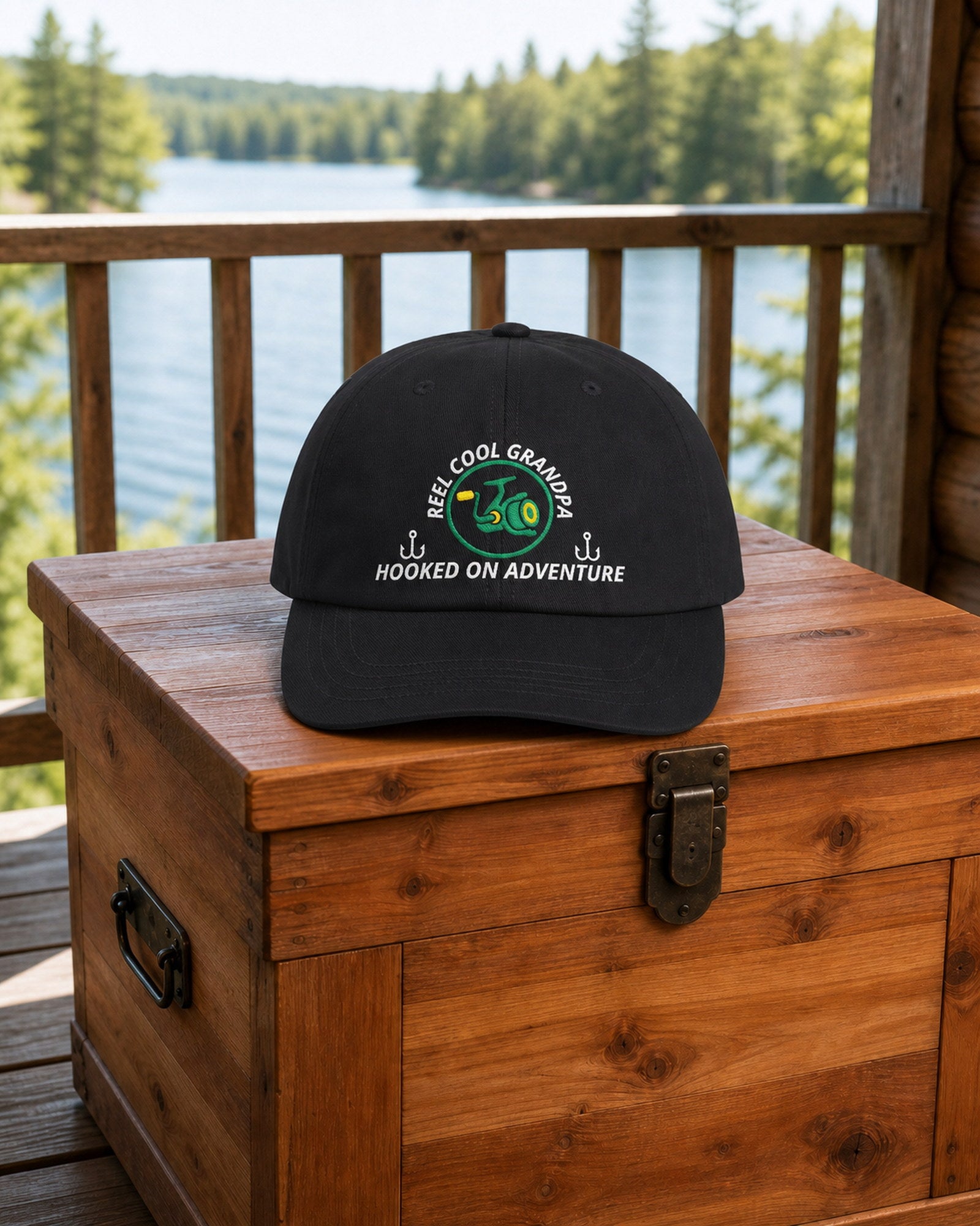 Black REEL COOL GRANDPA embroidered dad cap on a cedar gear chest overlooking a pine-lined forest lake.